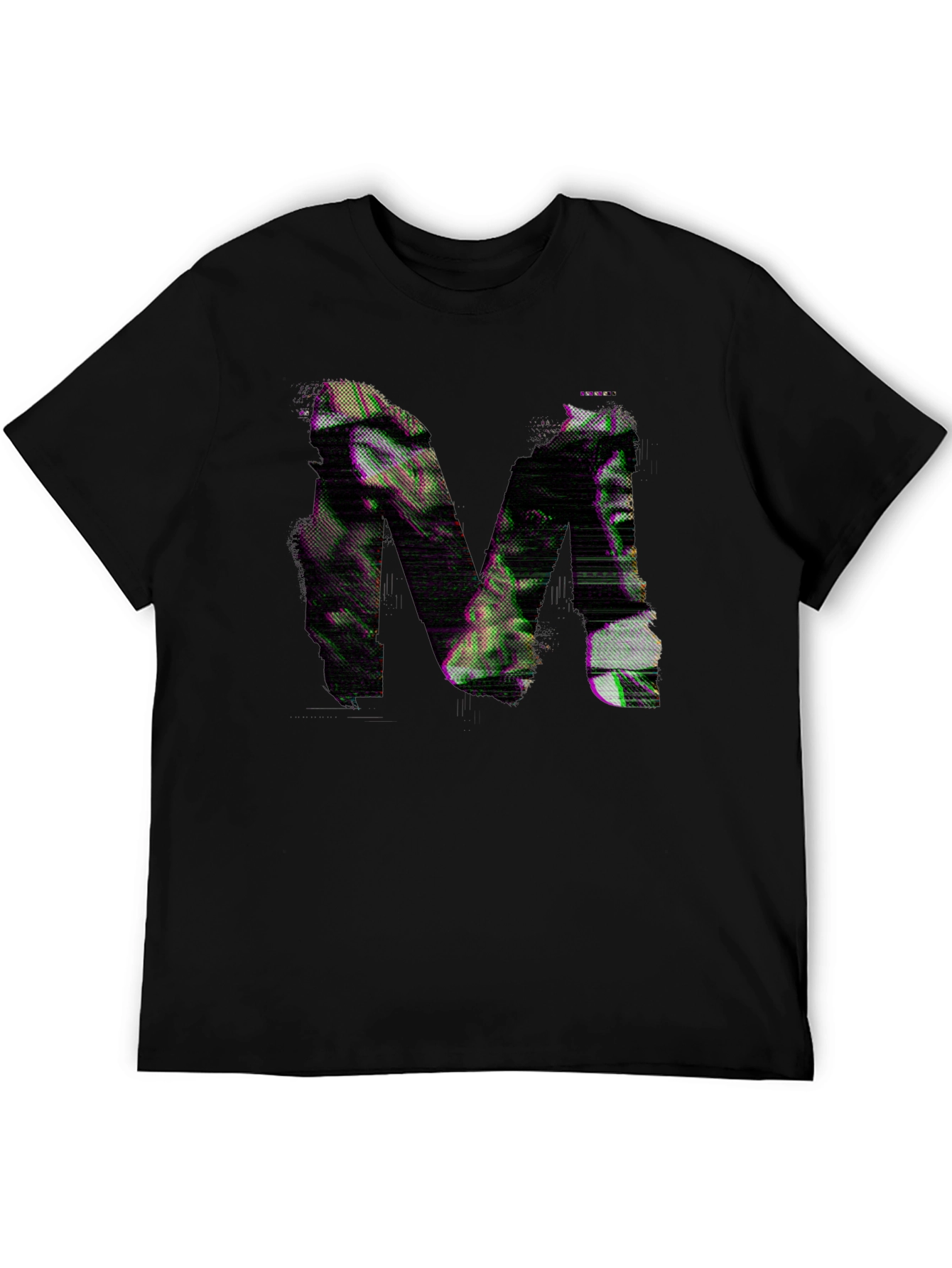 Mens Black T-Shirt with Glitch Letter M Design