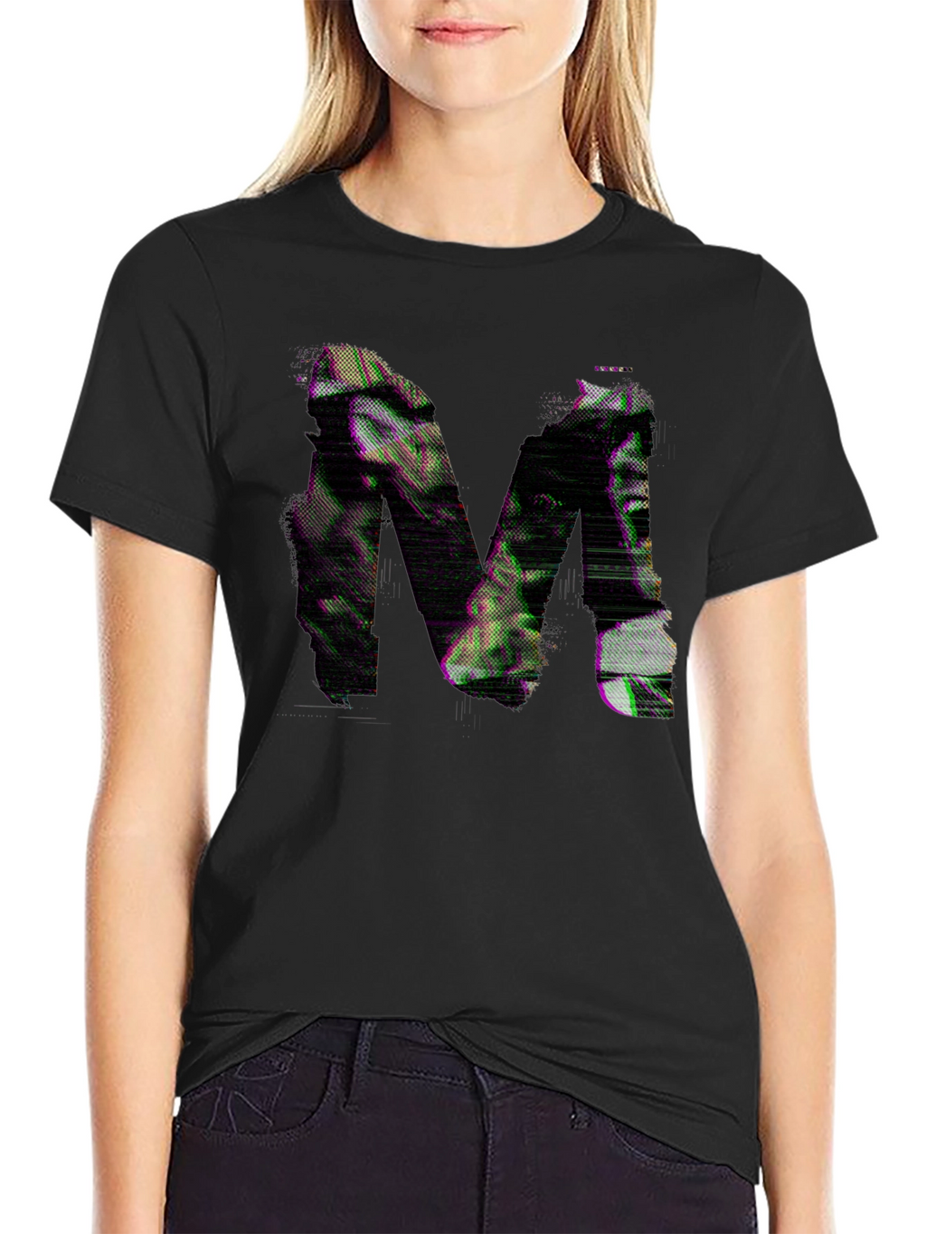 Mens Black T-Shirt with Glitch Letter M Design