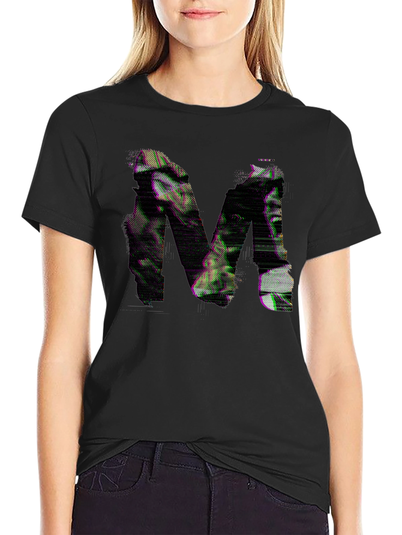 Mens Black T-Shirt with Glitch Letter M Design