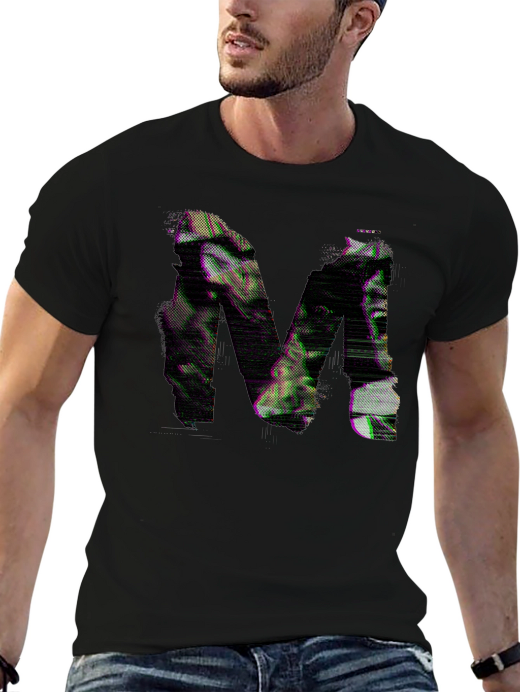 Mens Black T-Shirt with Glitch Letter M Design