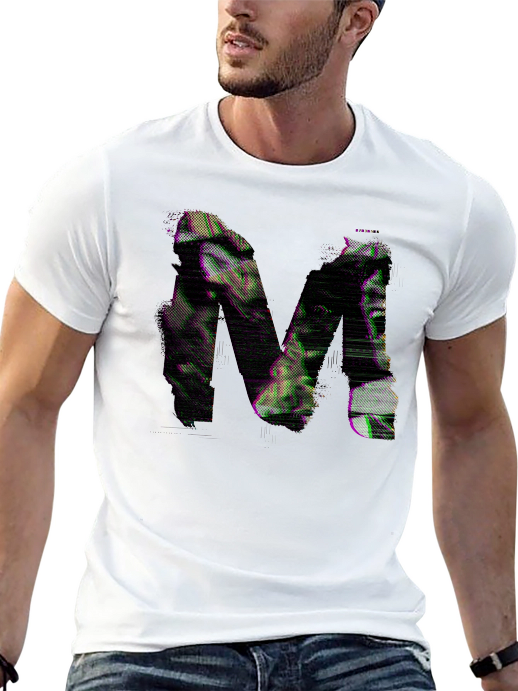 Mens Black T-Shirt with Glitch Letter M Design