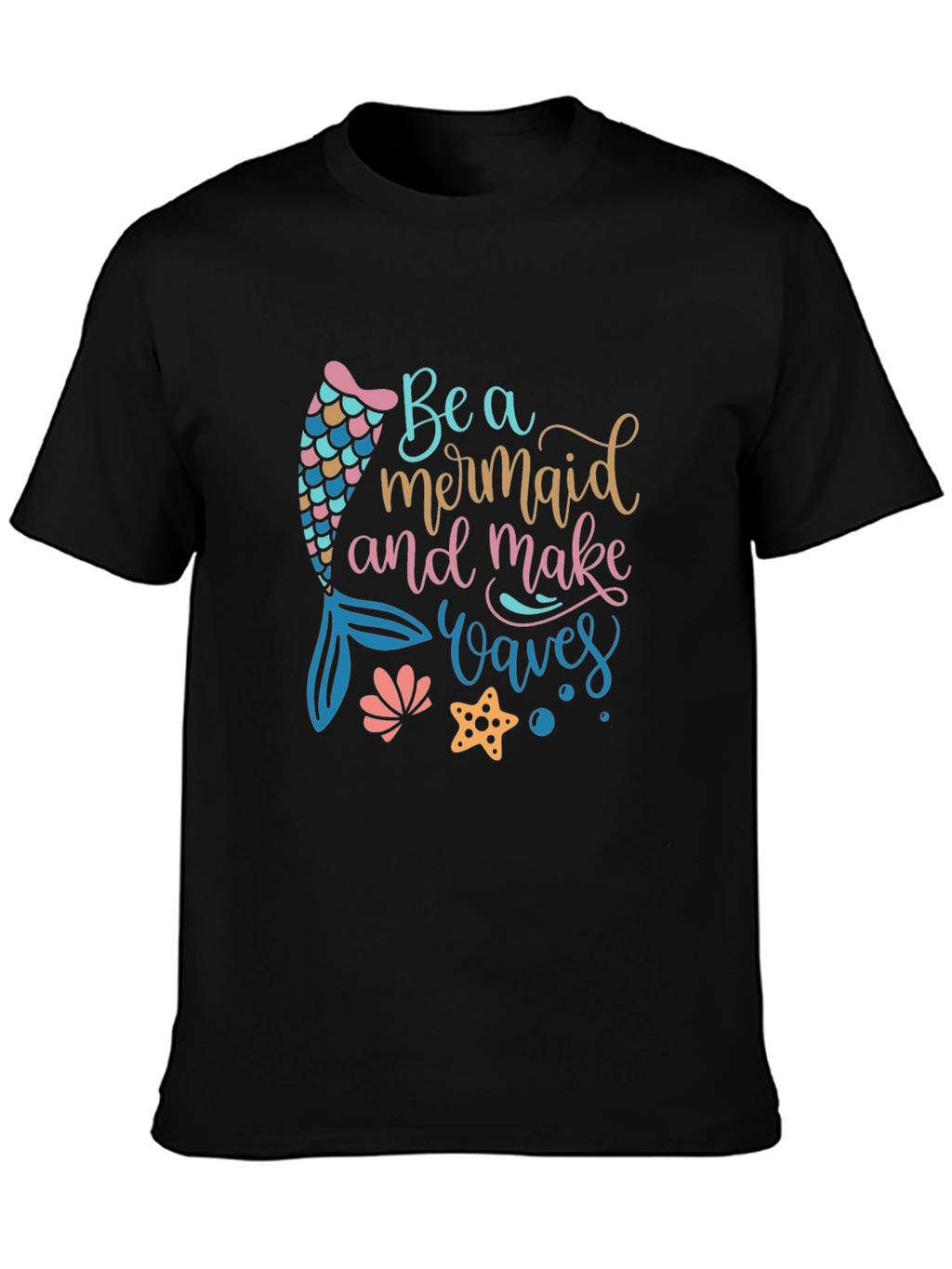 Mermaid Waves Graphic Tee - Black Cotton Casual T-Shirt