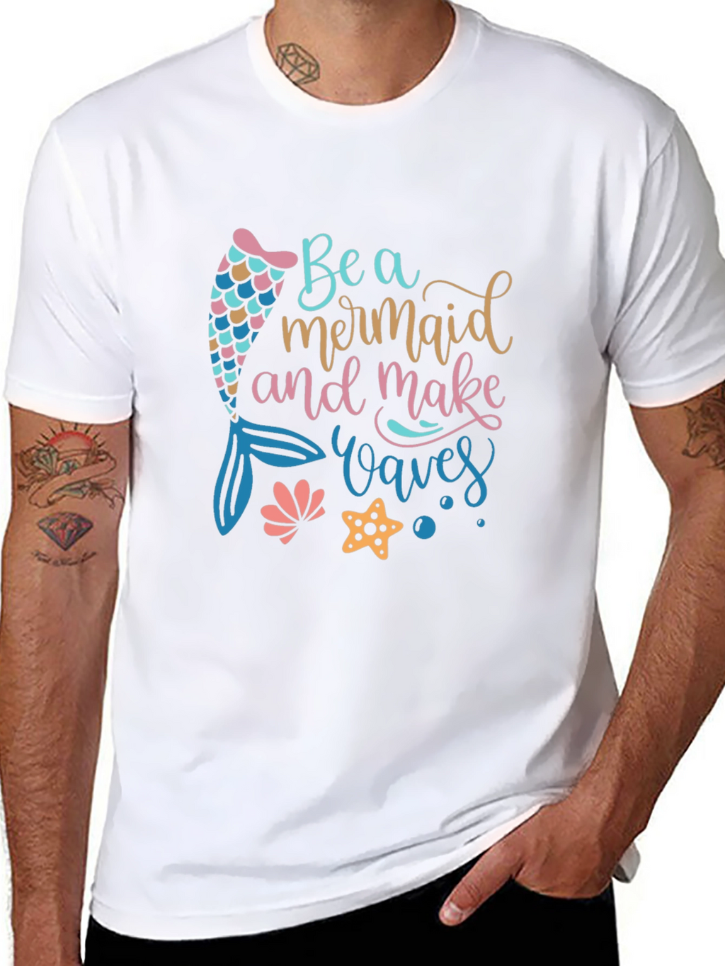 Mermaid Waves Graphic Tee - Black Cotton Casual T-Shirt