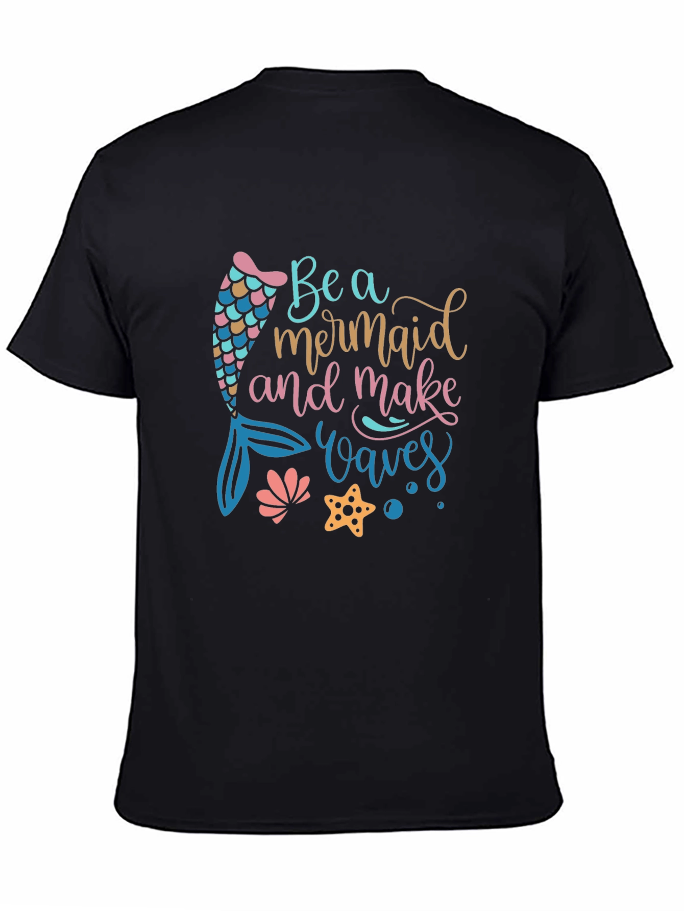 Mermaid Waves Graphic Tee - Black Cotton Casual T-Shirt
