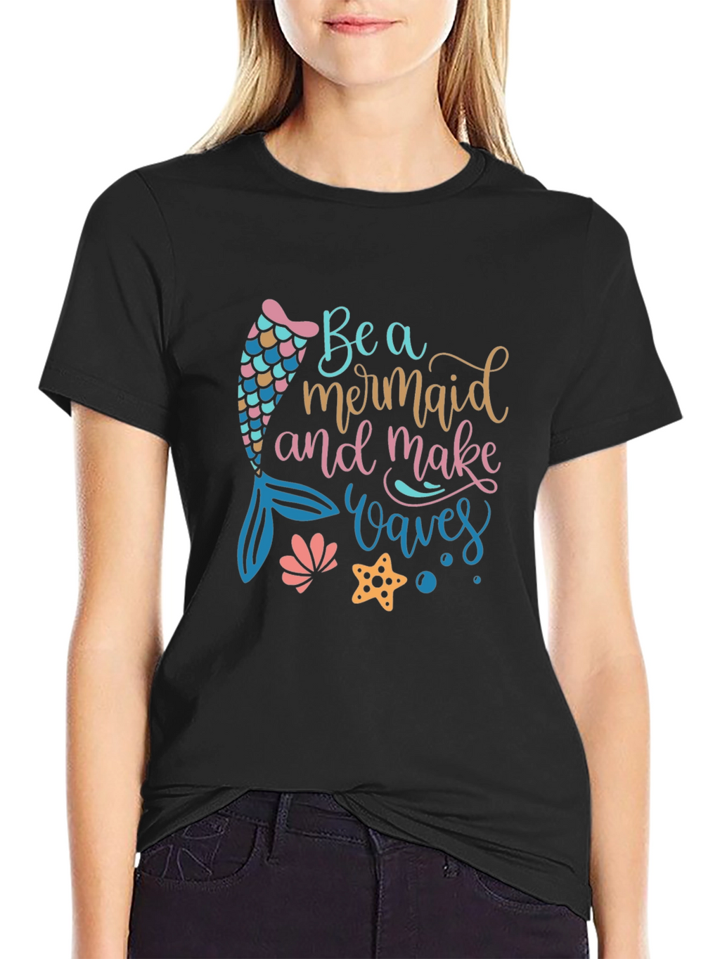 Mermaid Waves Graphic Tee - Black Cotton Casual T-Shirt
