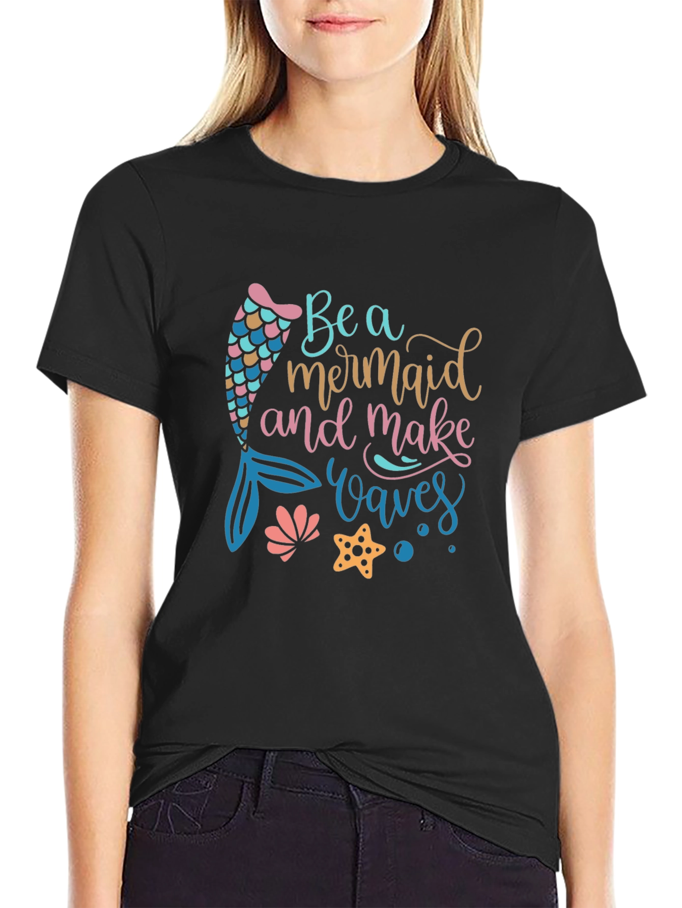 Mermaid Waves Graphic Tee - Black Cotton Casual T-Shirt
