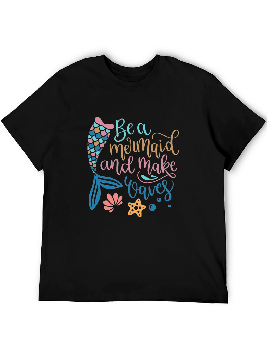 Mermaid Waves Graphic Tee - Black Cotton Casual T-Shirt