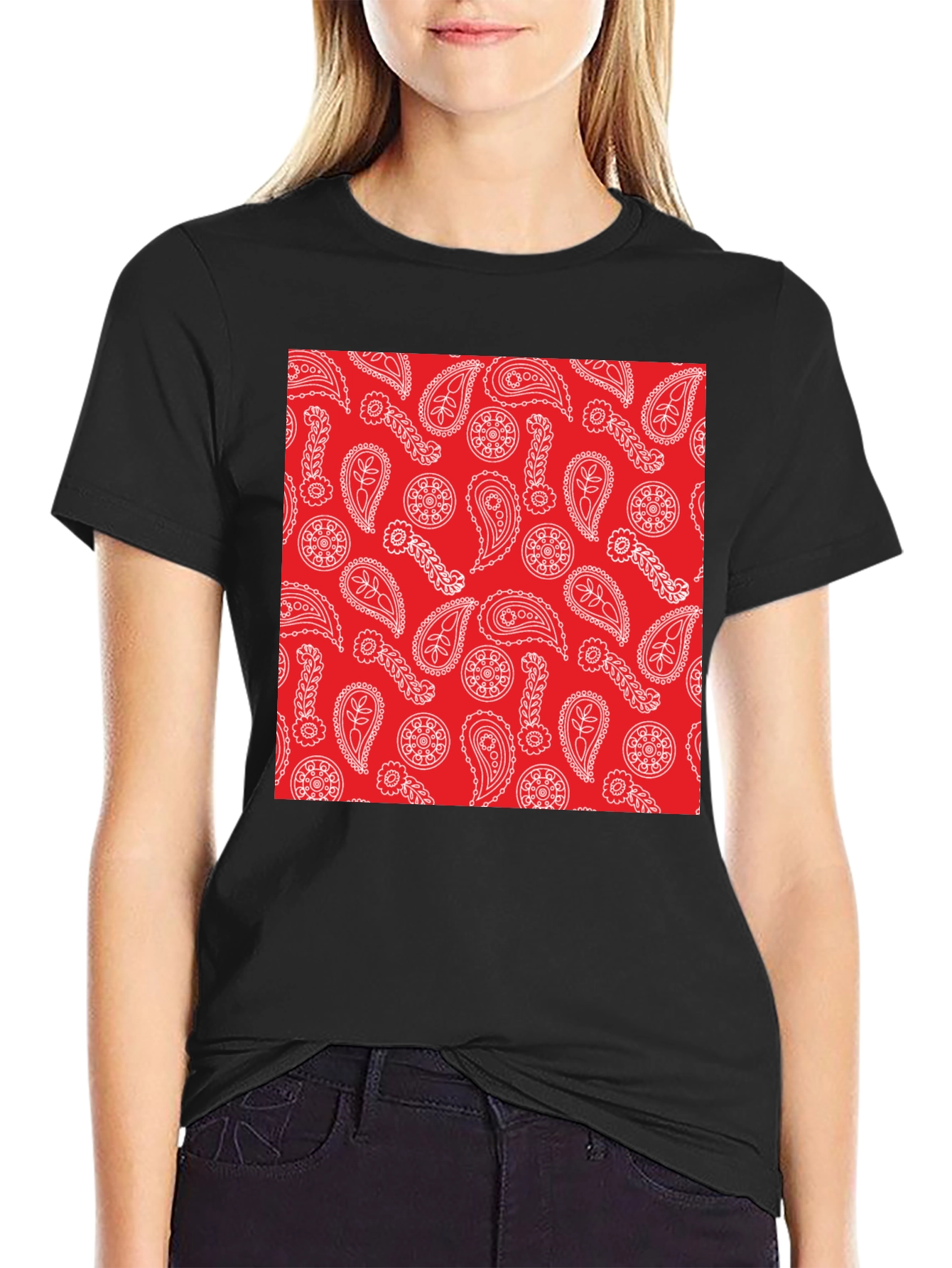 Red Paisley Print Black T-Shirt | Casual Style