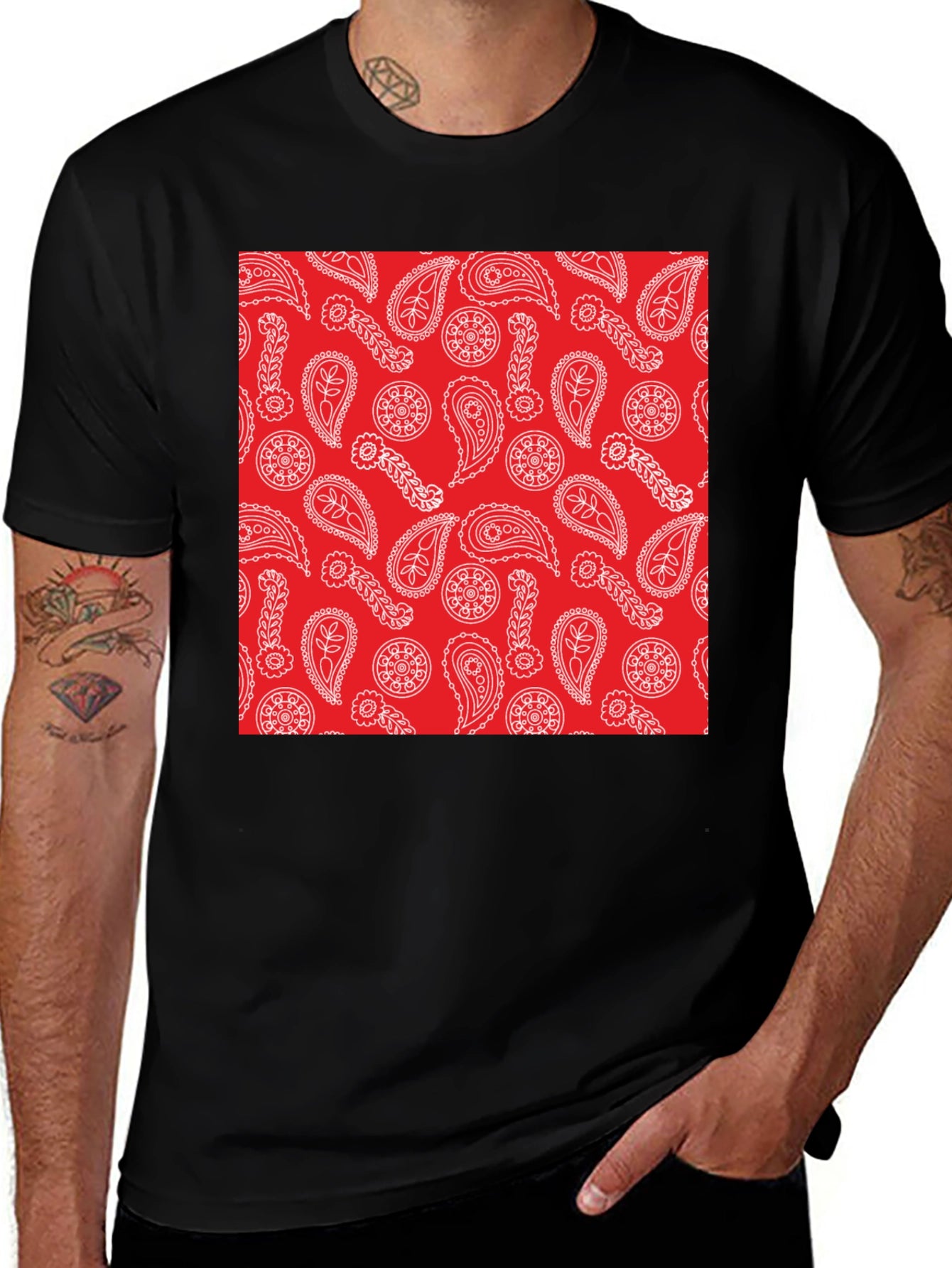 Red Paisley Print Black T-Shirt | Casual Style