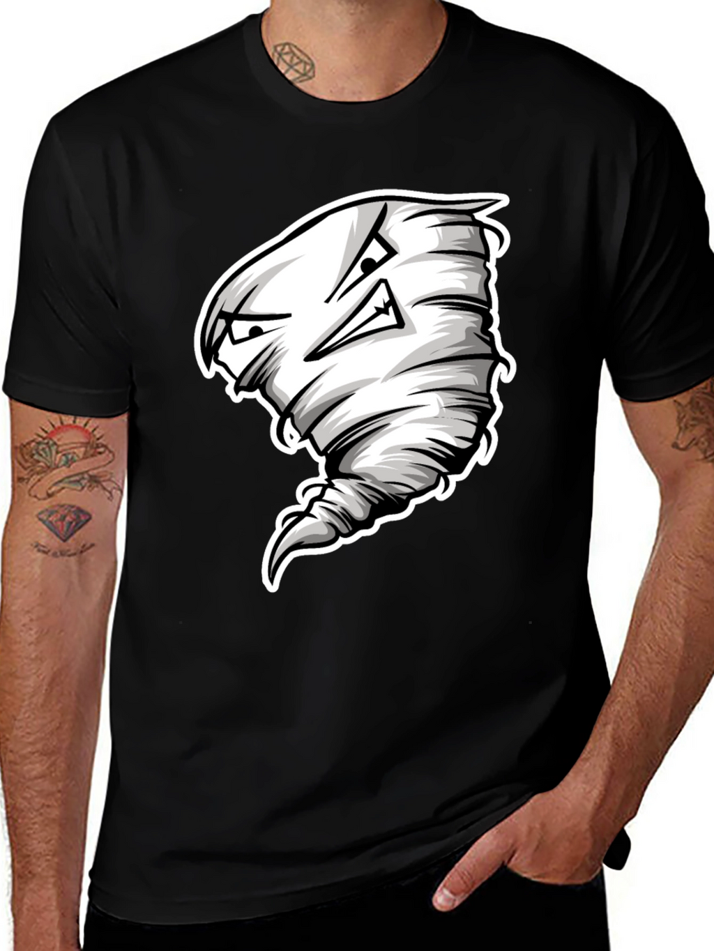 Mens Black T-Shirt with Cartoon Tornado Graphic