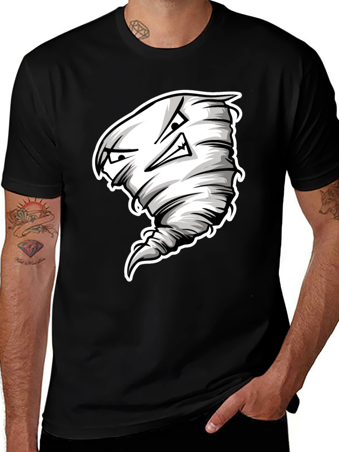 Mens Black T-Shirt with Cartoon Tornado Graphic