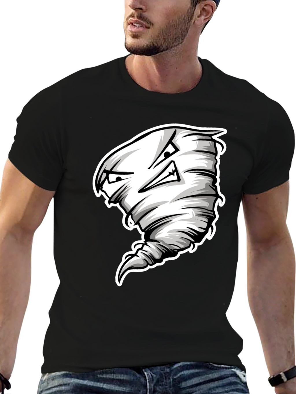 Mens Black T-Shirt with Cartoon Tornado Graphic
