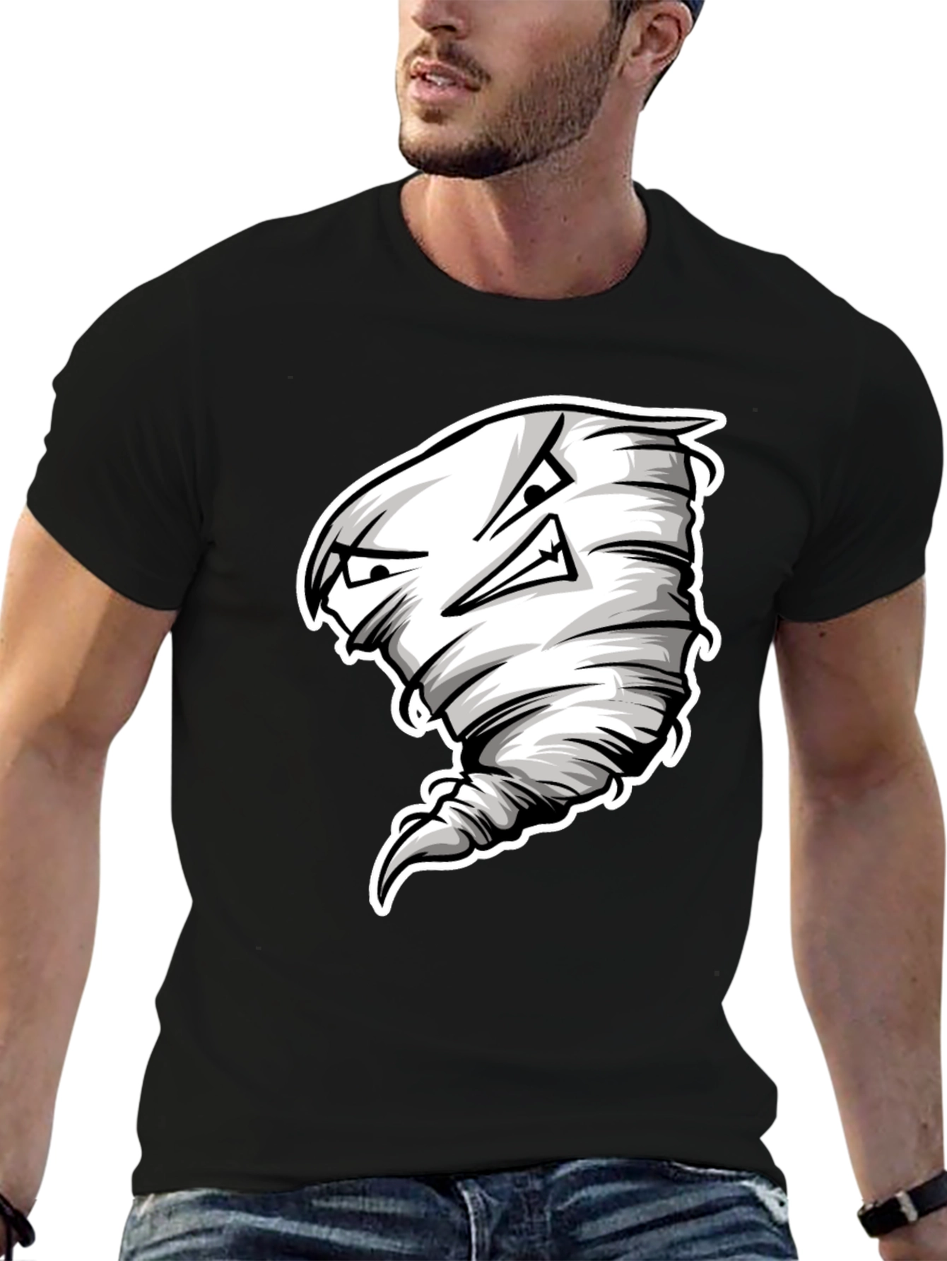 Mens Black T-Shirt with Cartoon Tornado Graphic