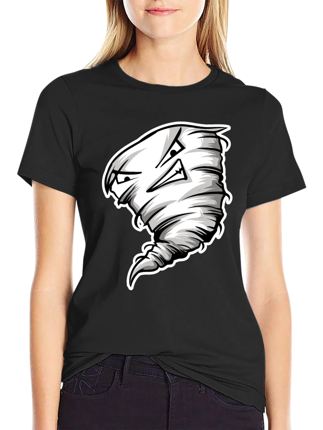 Mens Black T-Shirt with Cartoon Tornado Graphic