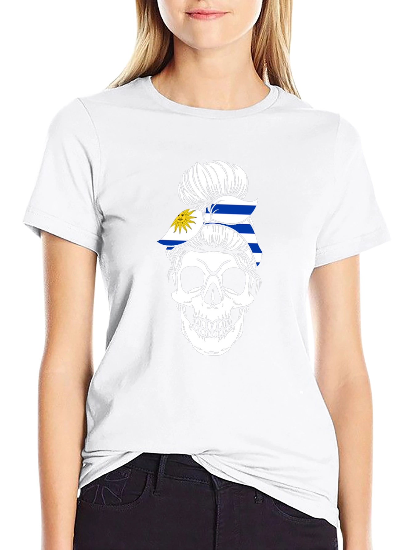 Uruguay Flag Skull Bun T-Shirt - Black
