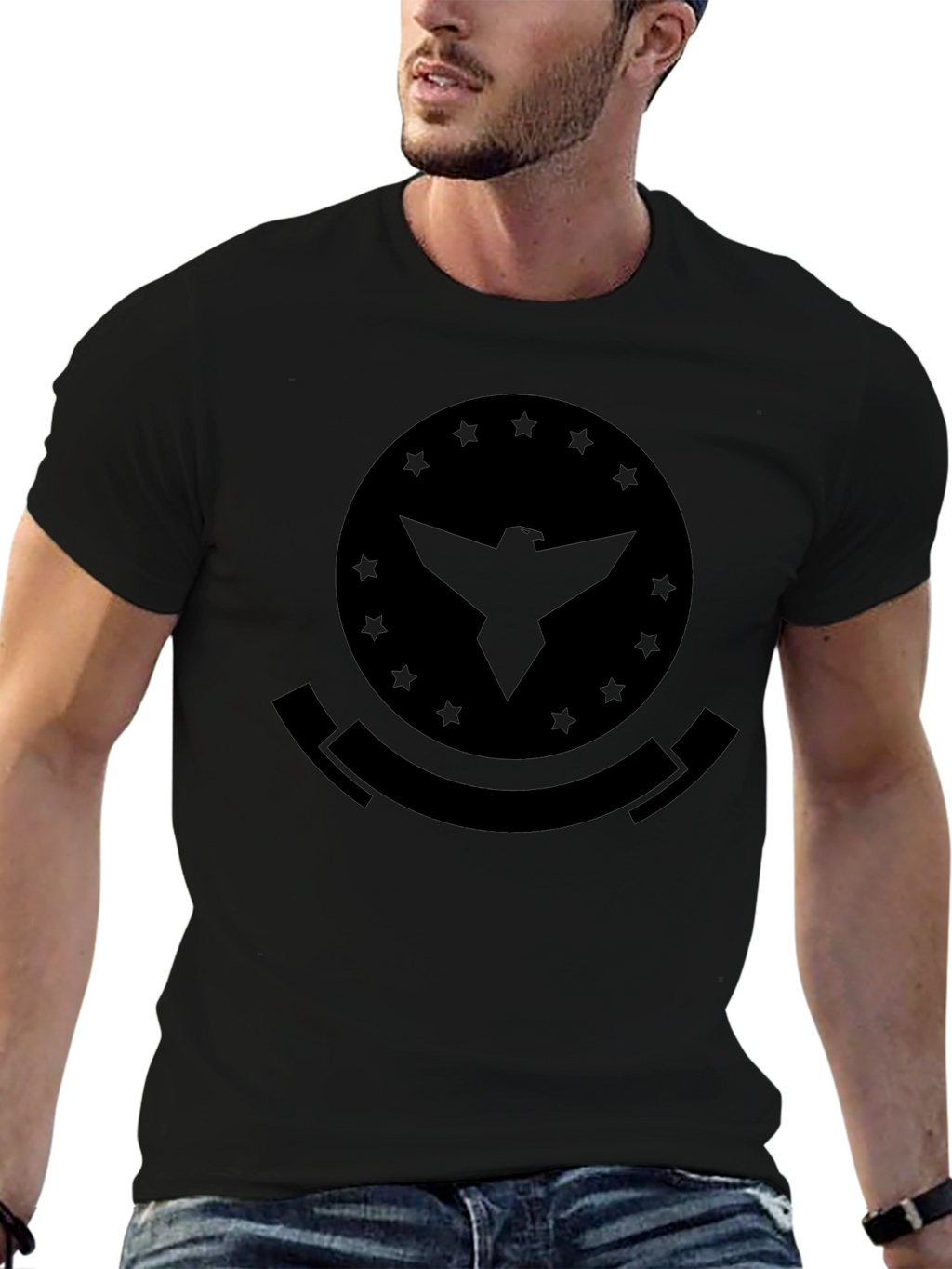 Mens Black T-Shirt with Eagle Emblem Graphic Print