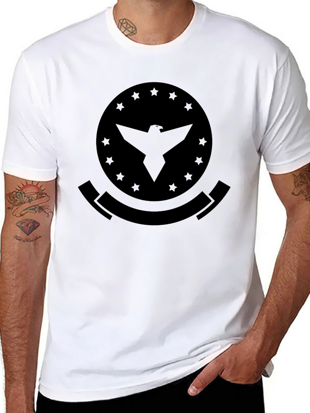 Mens Black T-Shirt with Eagle Emblem Graphic Print
