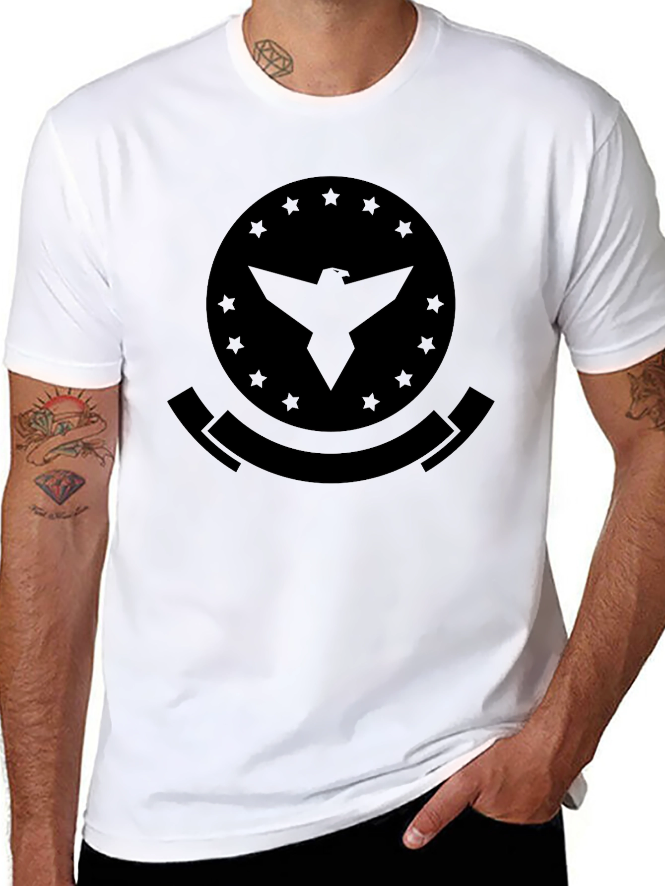 Mens Black T-Shirt with Eagle Emblem Graphic Print