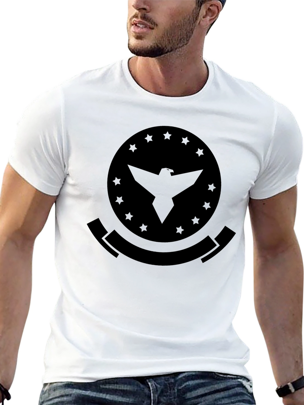 Mens Black T-Shirt with Eagle Emblem Graphic Print