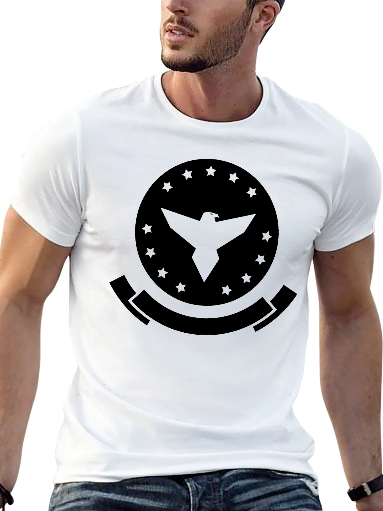 Mens Black T-Shirt with Eagle Emblem Graphic Print