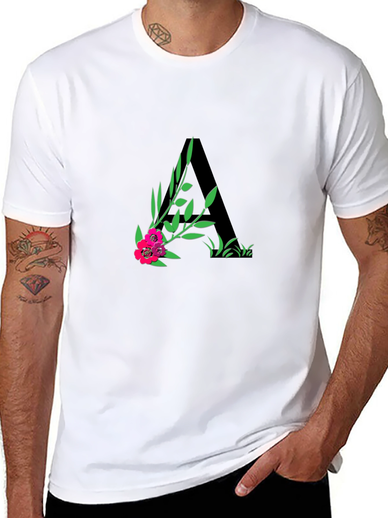 Floral Initial A Black T-Shirt