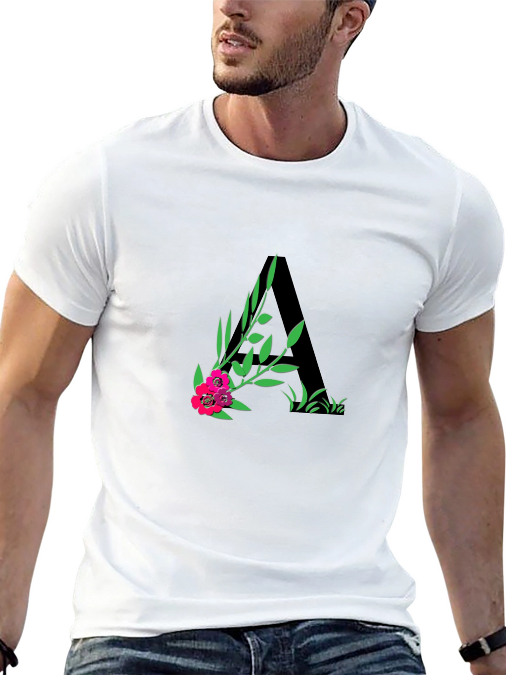 Floral Initial A Black T-Shirt