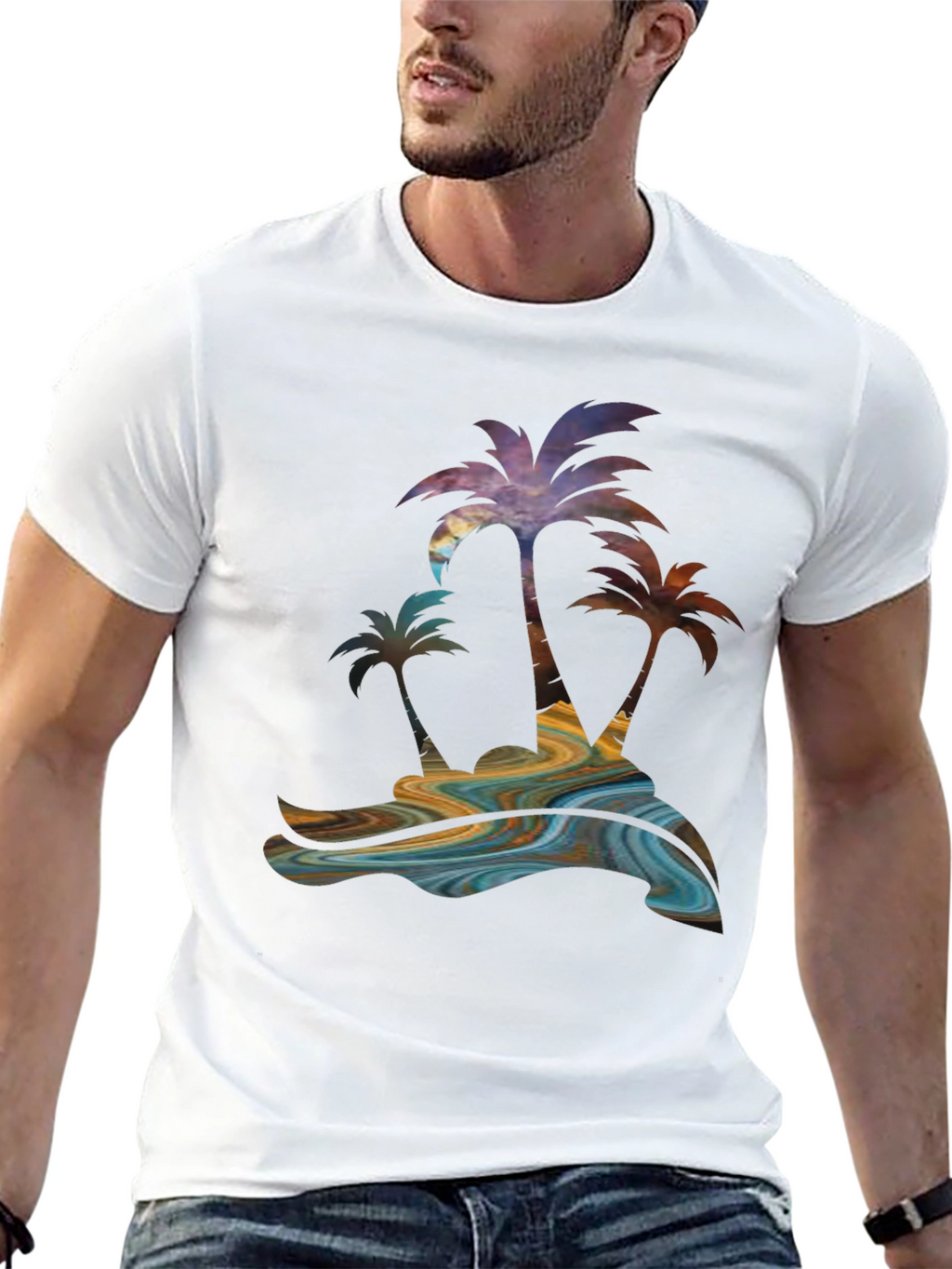 Tropical Palm Tree Graphic Mens Black Tee