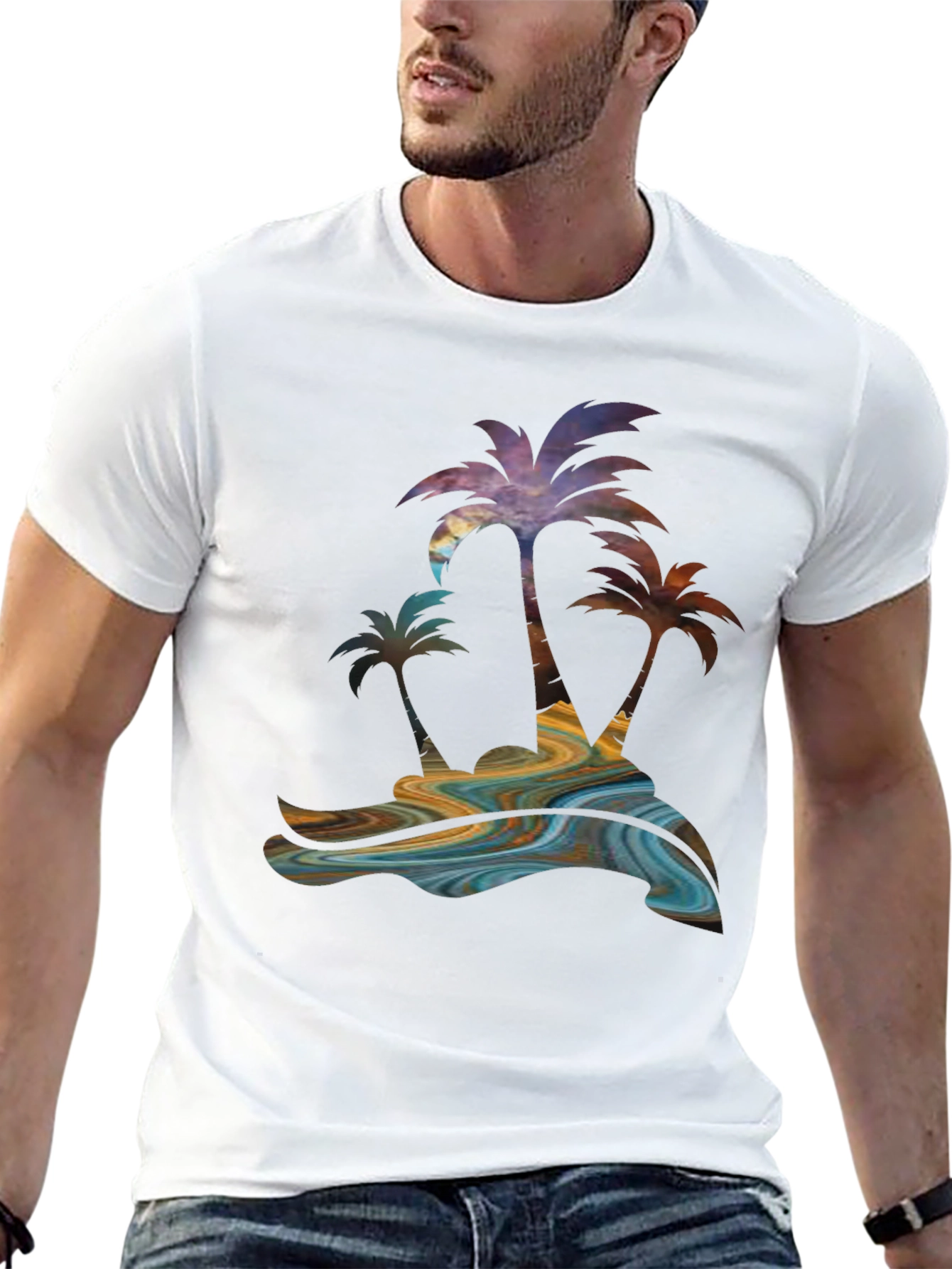 Tropical Palm Tree Graphic Mens Black Tee