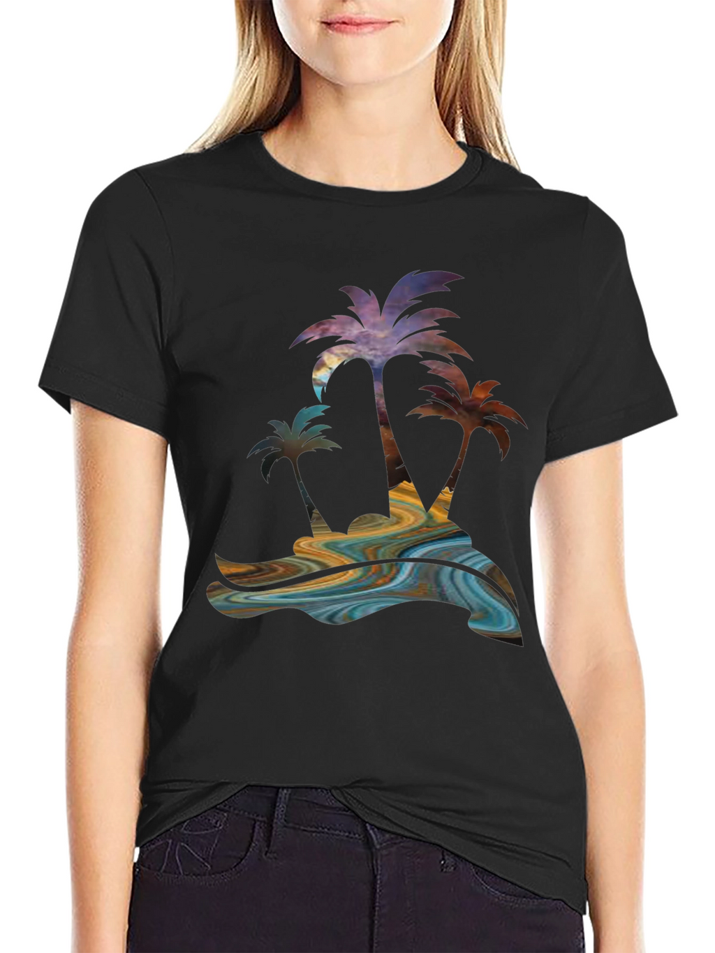 Tropical Palm Tree Graphic Mens Black Tee