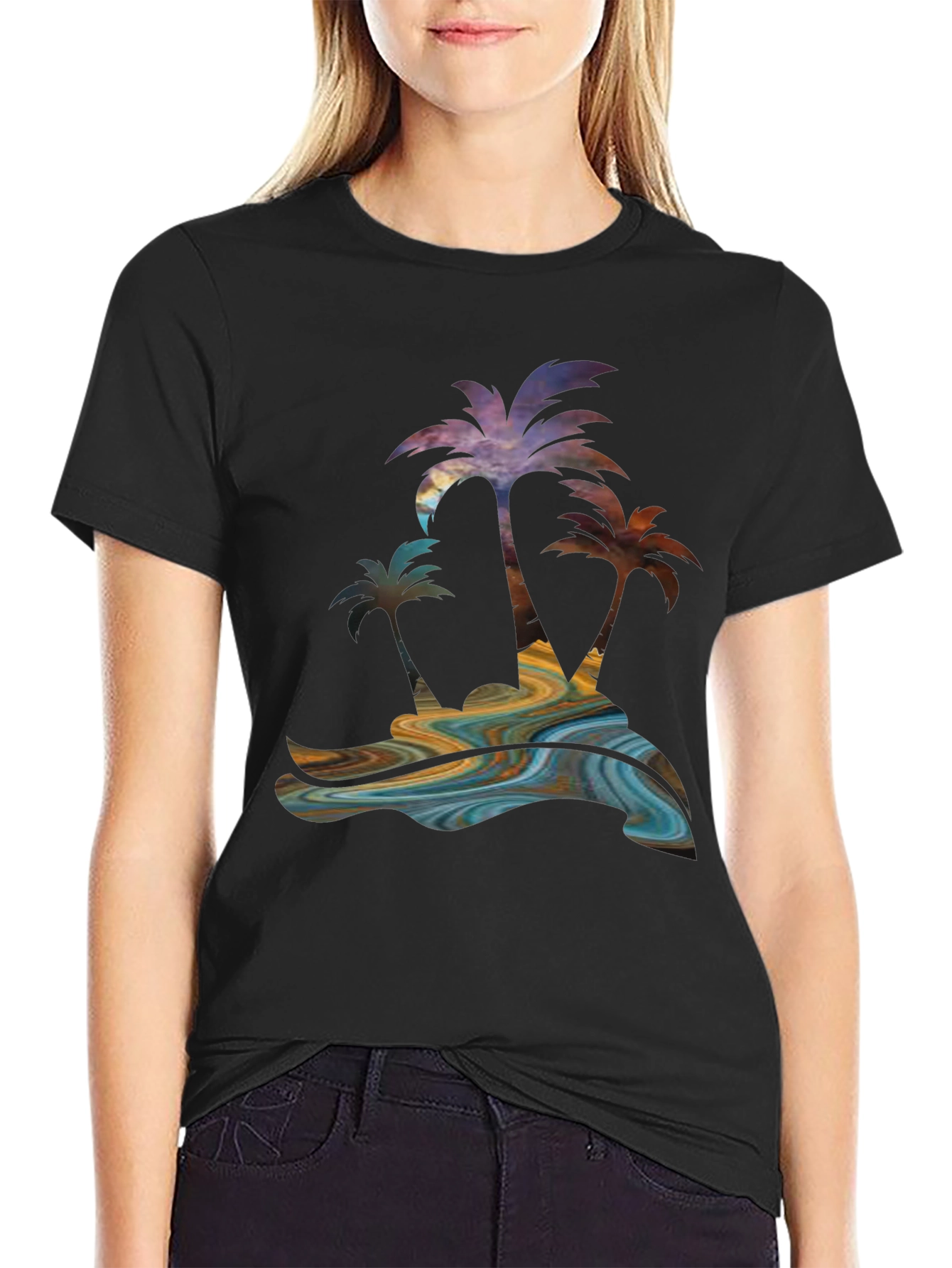 Tropical Palm Tree Graphic Mens Black Tee