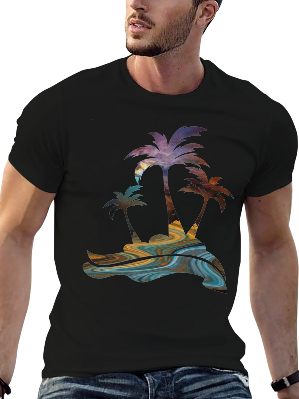 Tropical Palm Tree Graphic Mens Black Tee
