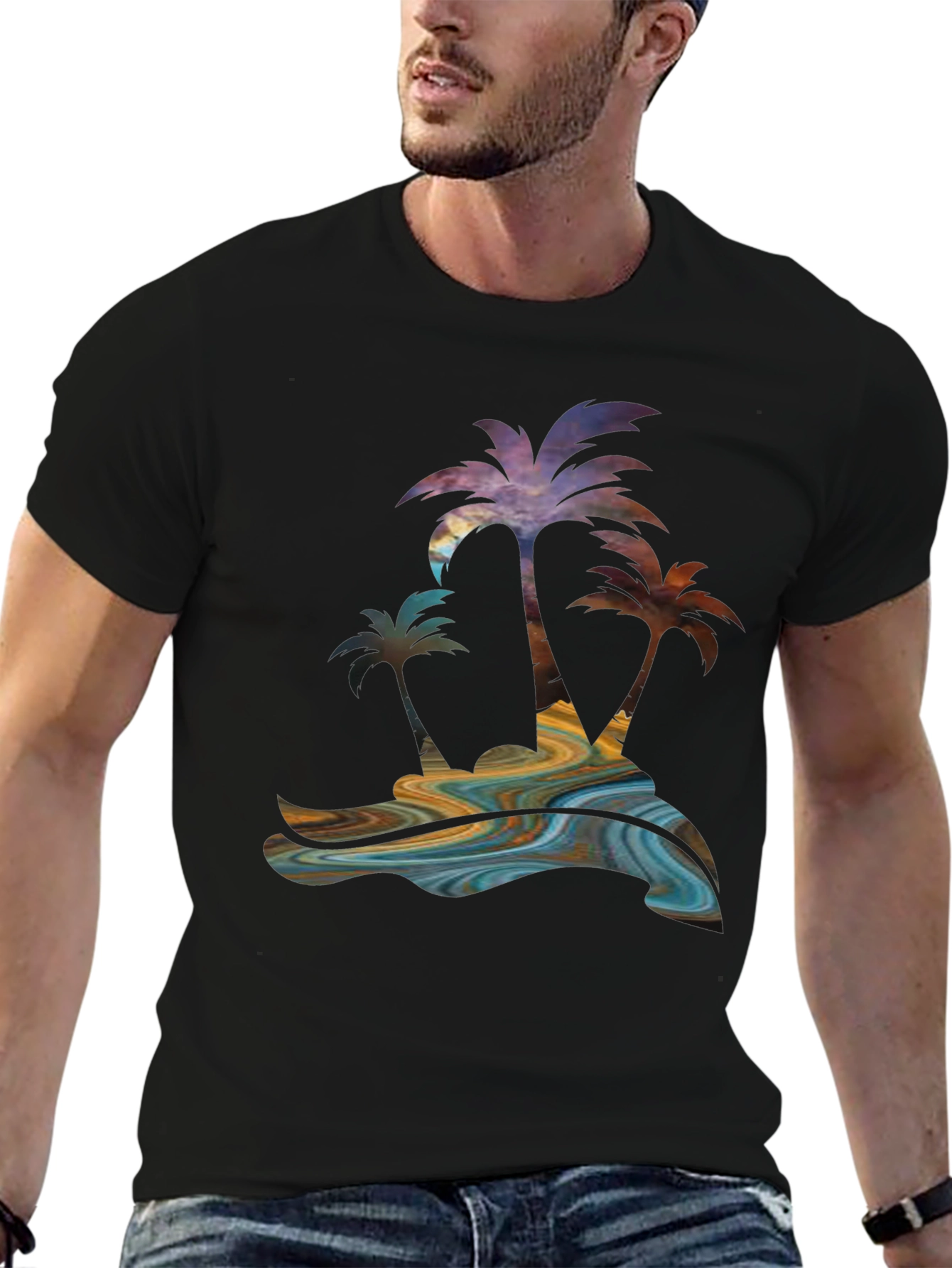 Tropical Palm Tree Graphic Mens Black Tee