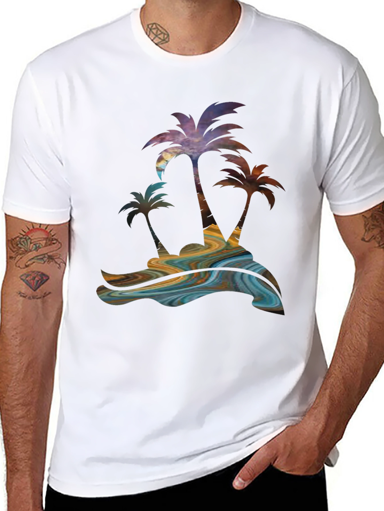 Tropical Palm Tree Graphic Mens Black Tee