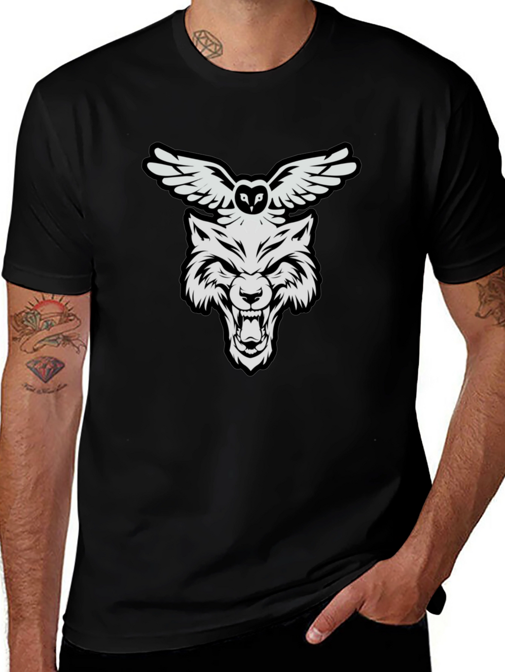 Wolf and Owl Graphic Print T-Shirt
