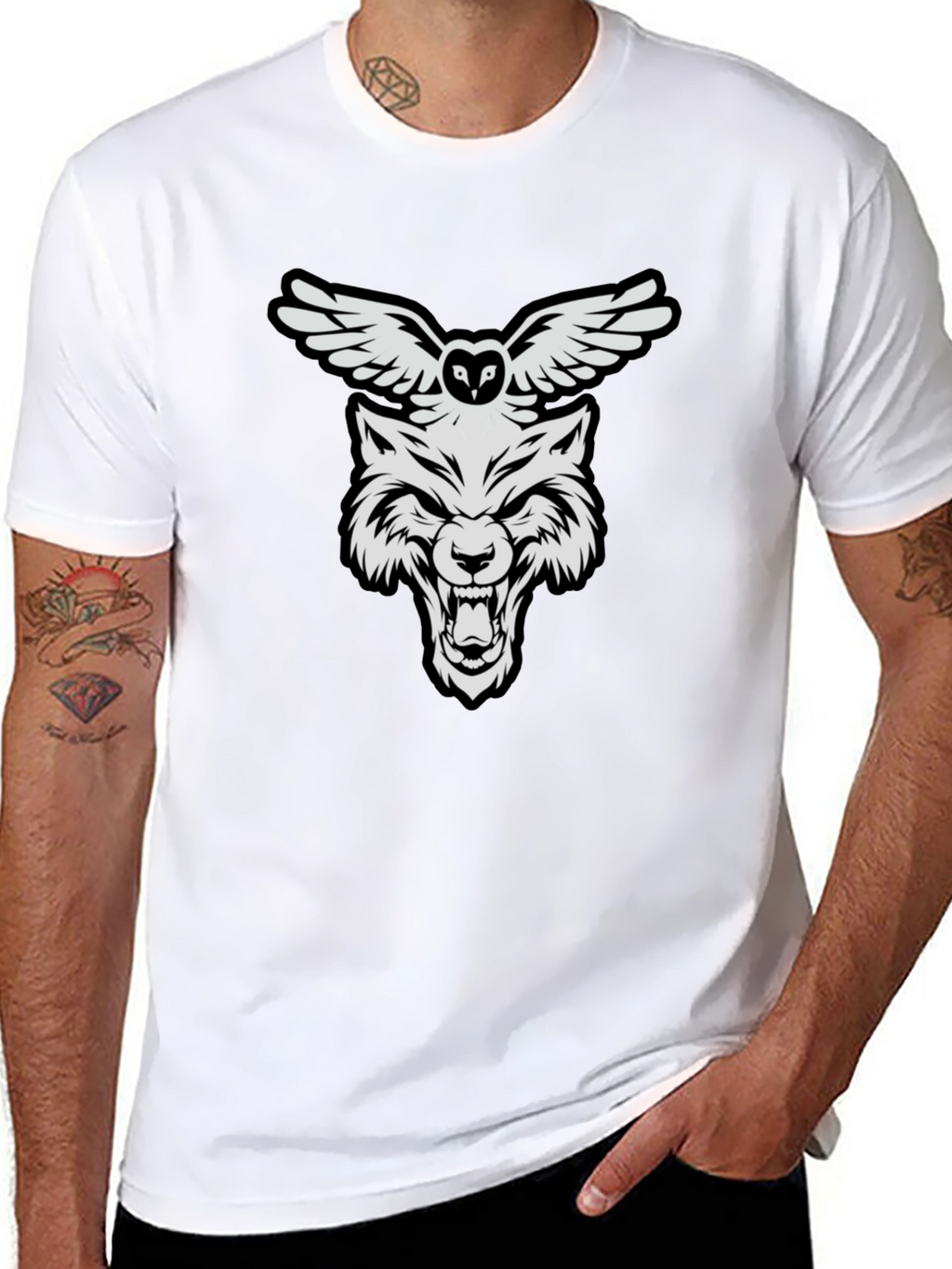 Wolf and Owl Graphic Print T-Shirt