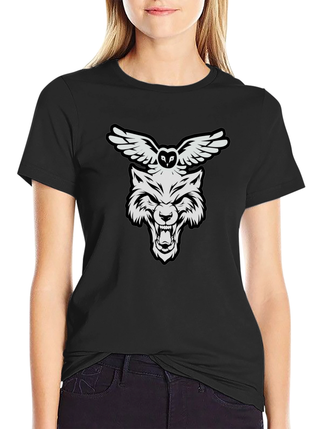 Wolf and Owl Graphic Print T-Shirt