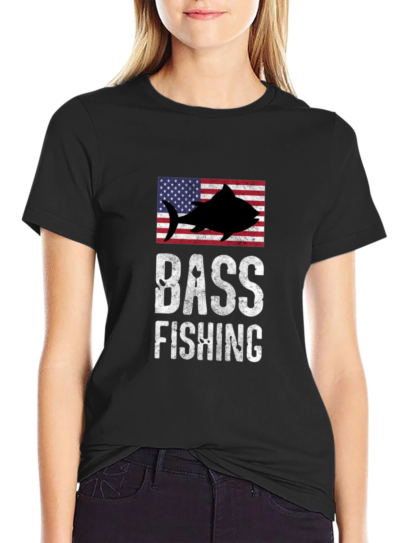 Bass Fishing American Flag Graphic T-Shirt