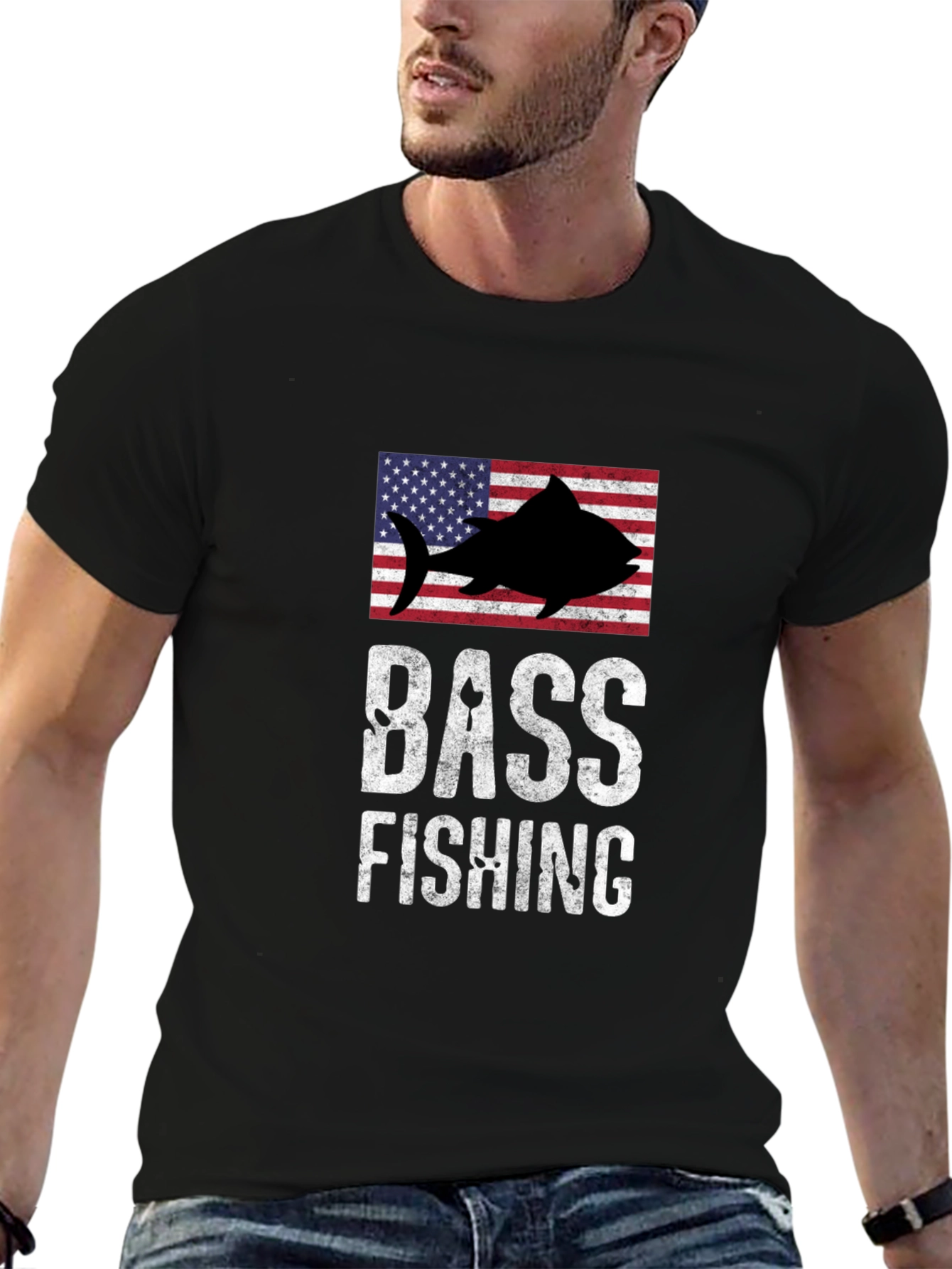 Bass Fishing American Flag Graphic T-Shirt