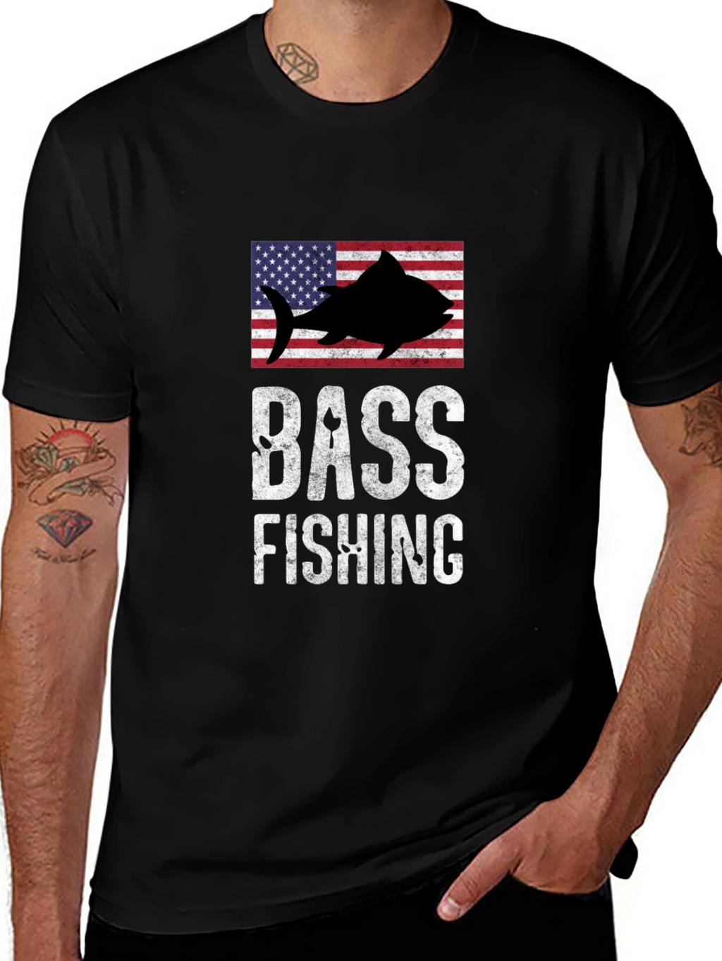 Bass Fishing American Flag Graphic T-Shirt