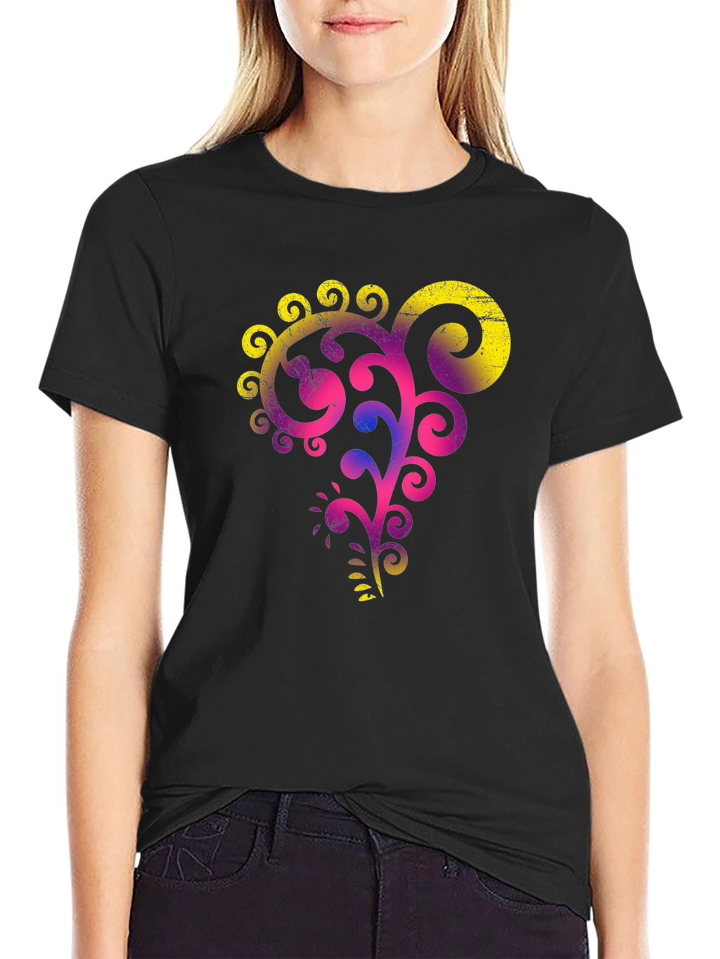Stylish Black Tee with Vibrant Floral Graphic