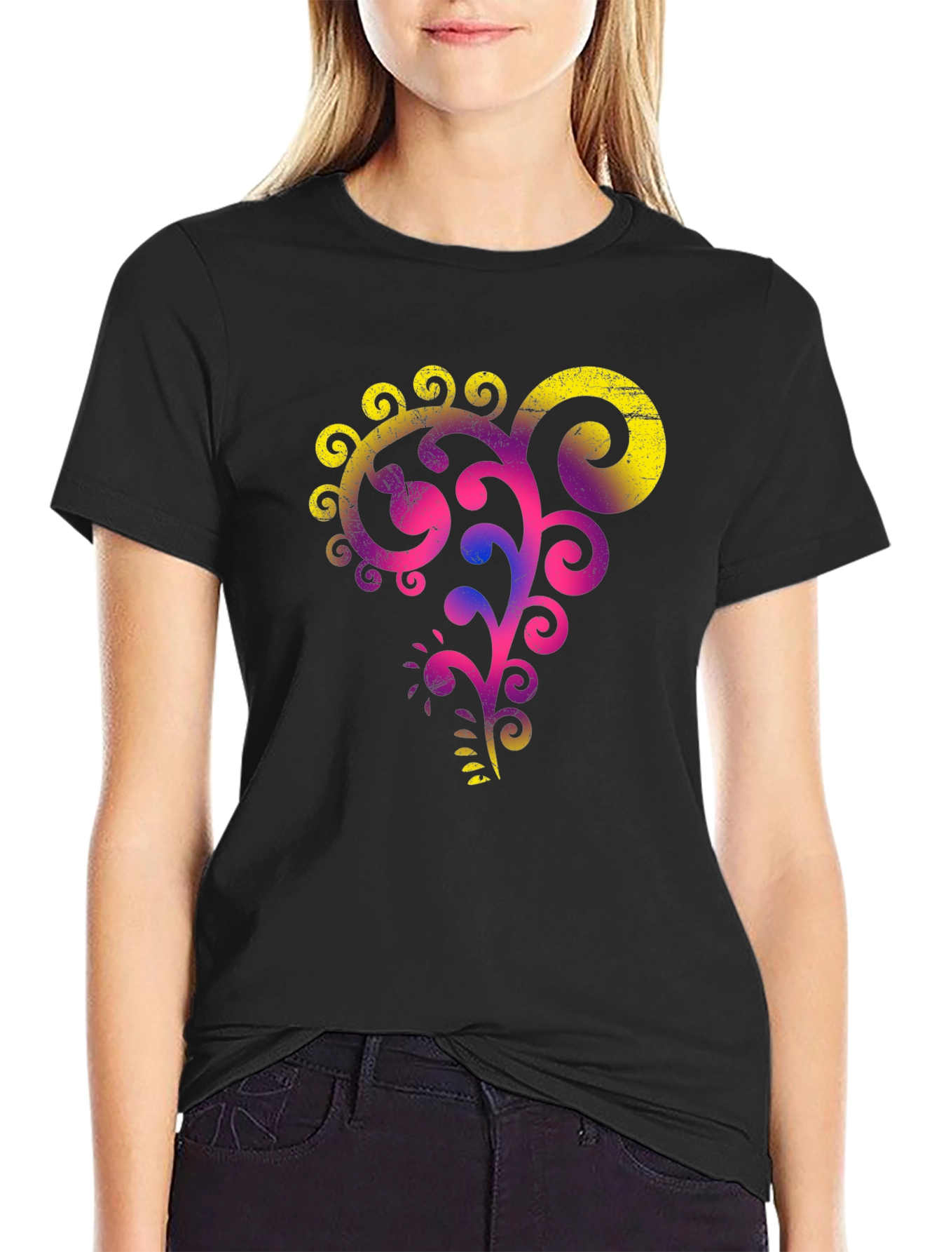 Stylish Black Tee with Vibrant Floral Graphic