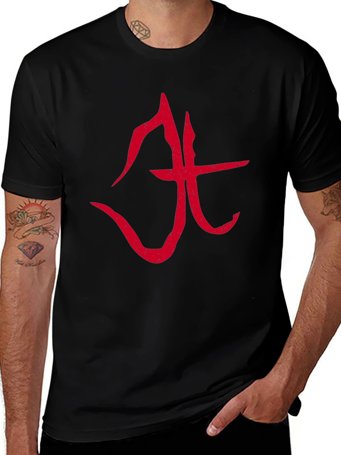 Abstract Red Symbol Graphic T-Shirt - Black