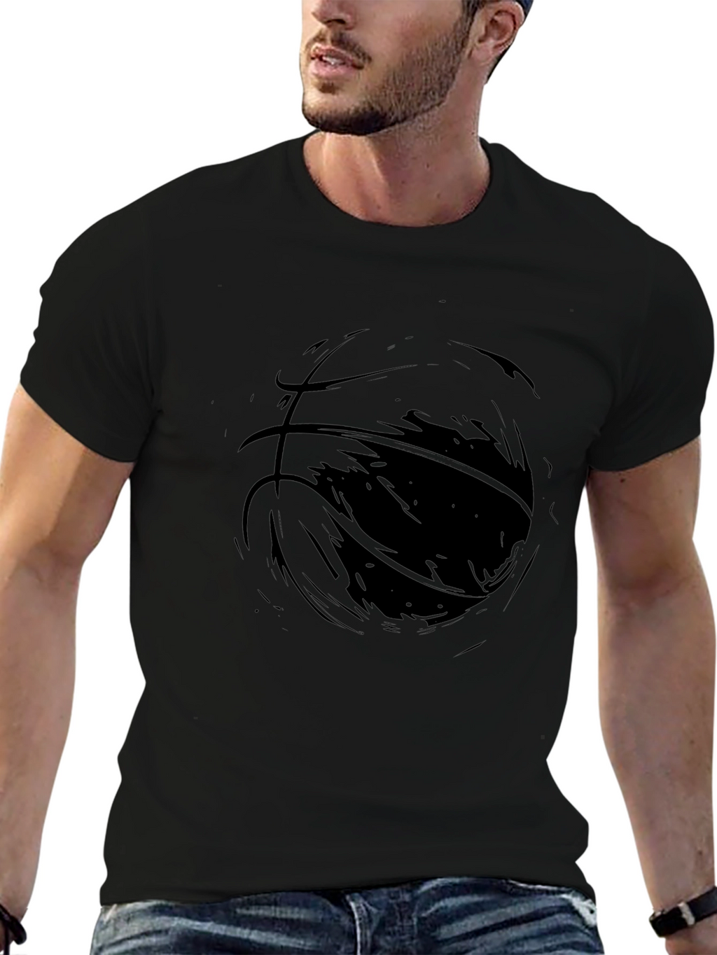 Mens Black Graphic Tee - Abstract Basketball Design