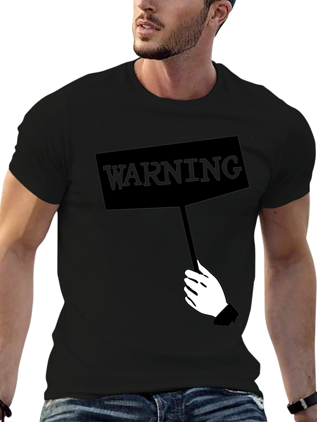 Warning Sign Graphic Tee - Black Crew Neck Shirt