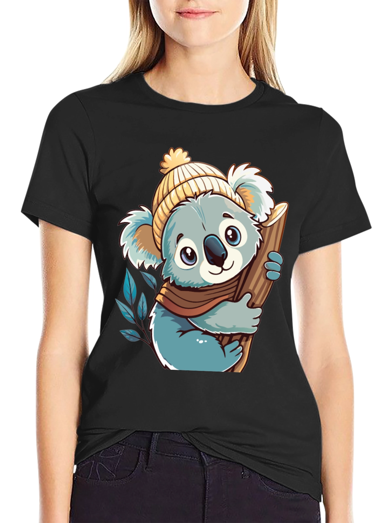 Koala Bear Graphic Tee - Black Cotton Shirt