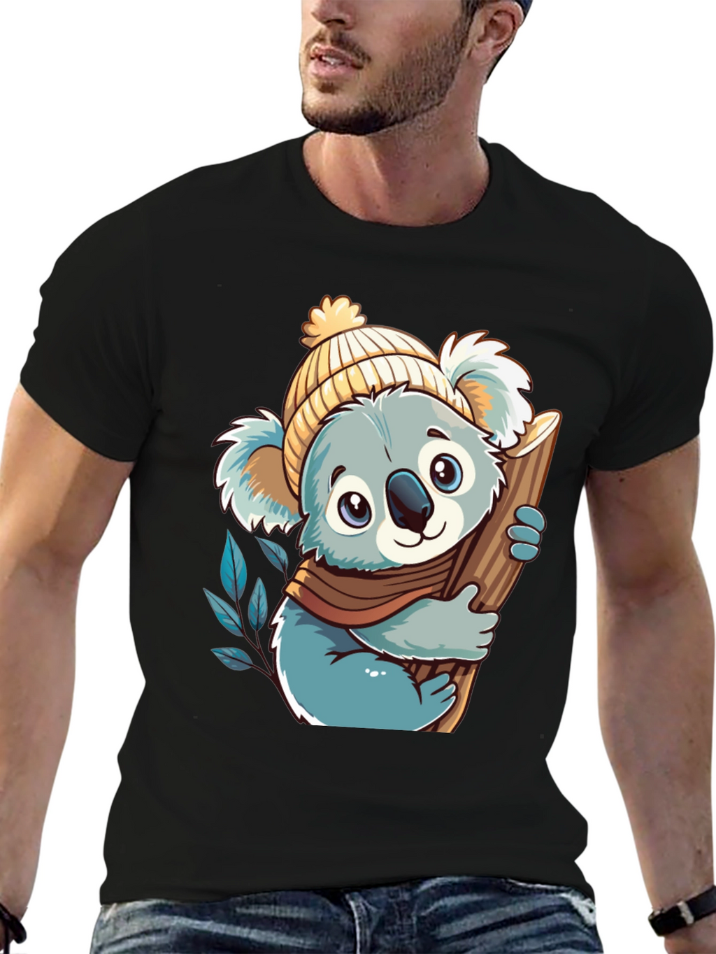 Koala Bear Graphic Tee - Black Cotton Shirt