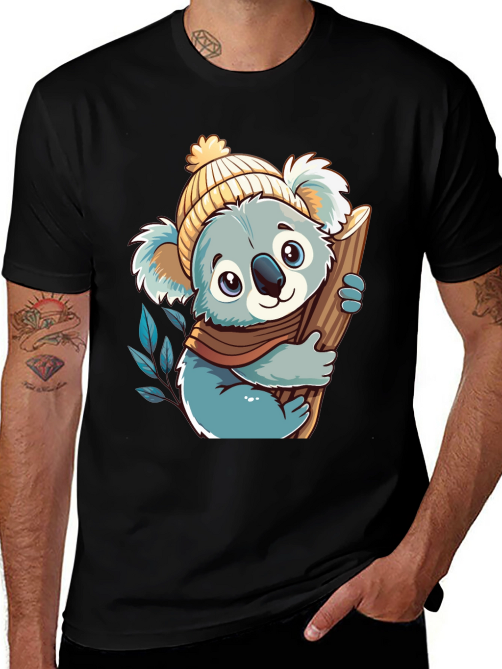 Koala Bear Graphic Tee - Black Cotton Shirt