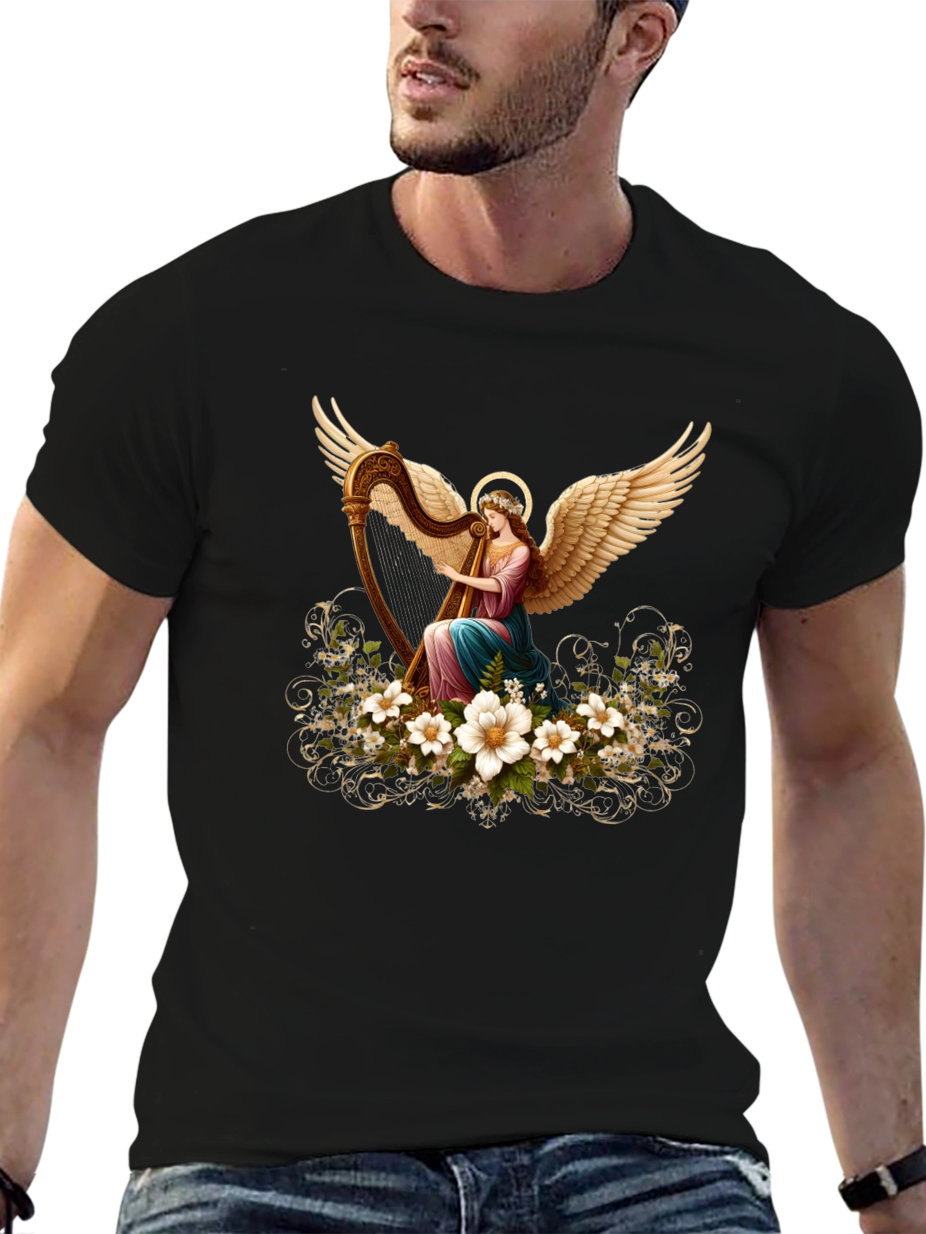 Angel Harpist T-Shirt - Elegant Spiritual Design
