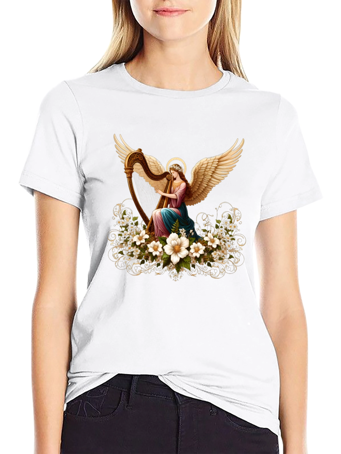 Angel Harpist T-Shirt - Elegant Spiritual Design