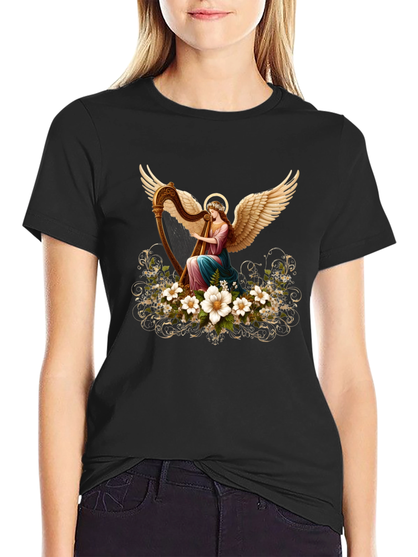 Angel Harpist T-Shirt - Elegant Spiritual Design